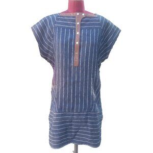Tods Denim Shift Dress Striped Leather Trim Snap Closure Short Dolman Sleeves 42